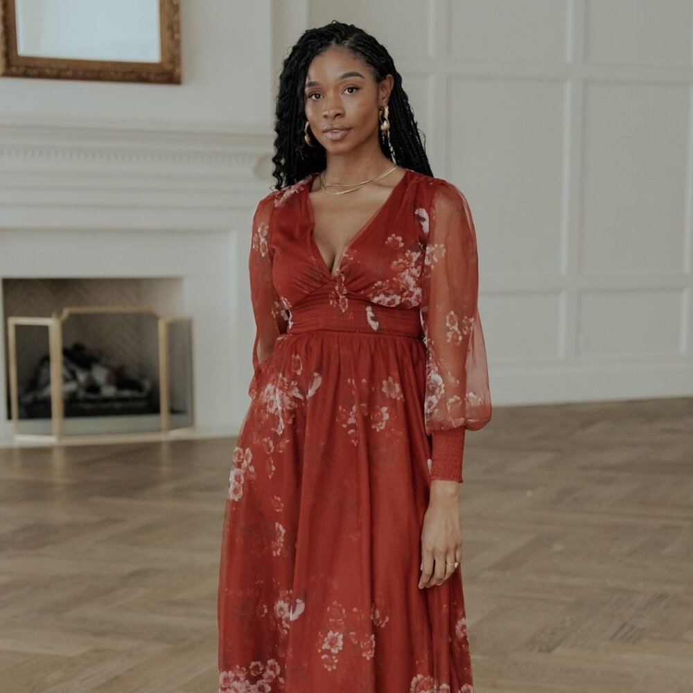 Rust Floral V-Neck Maxi Dress - Women